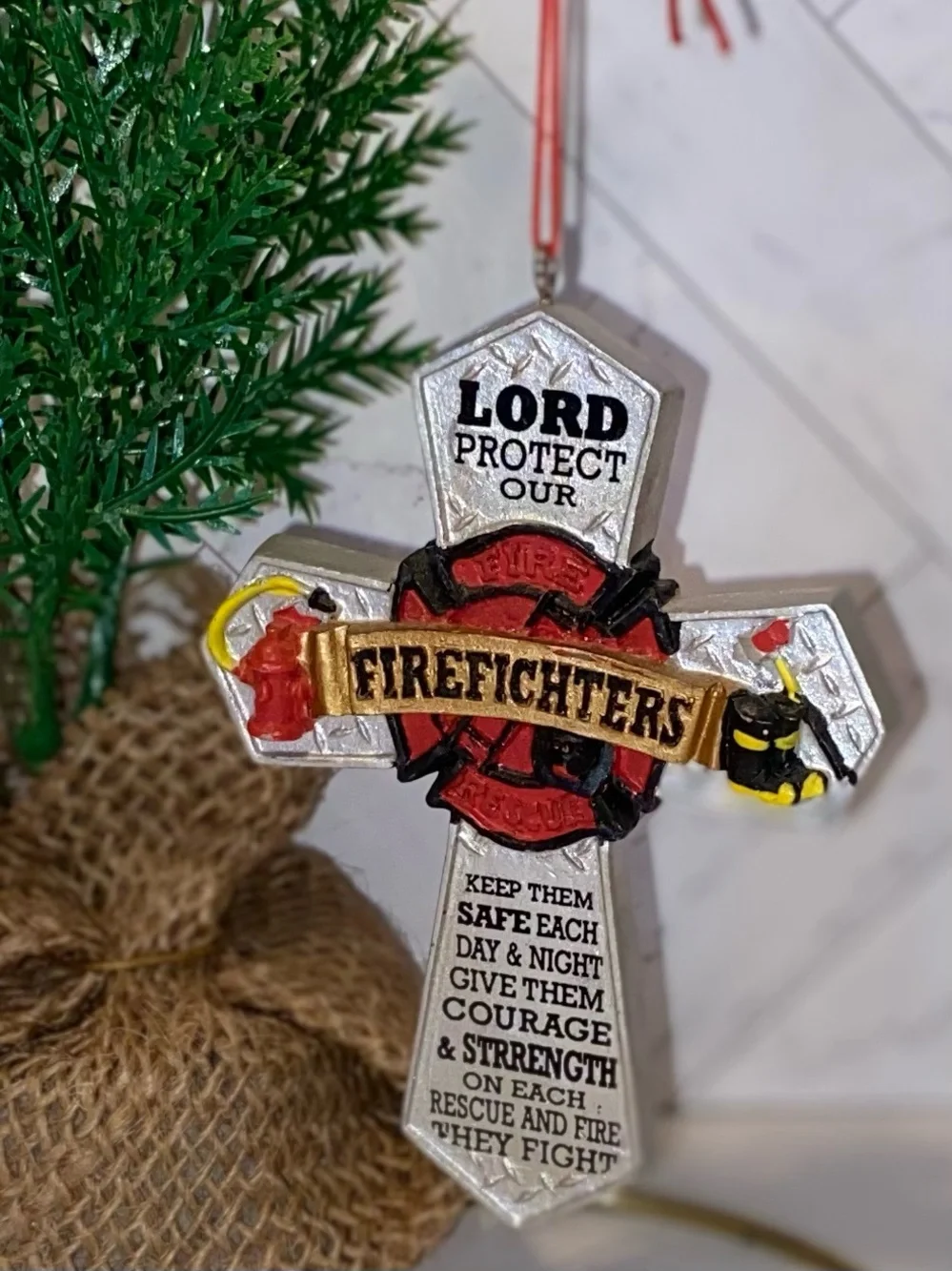 3/$15 ‘Lord, Protect Our Firefighters’ Silver-tone Cross Christmas Ornament